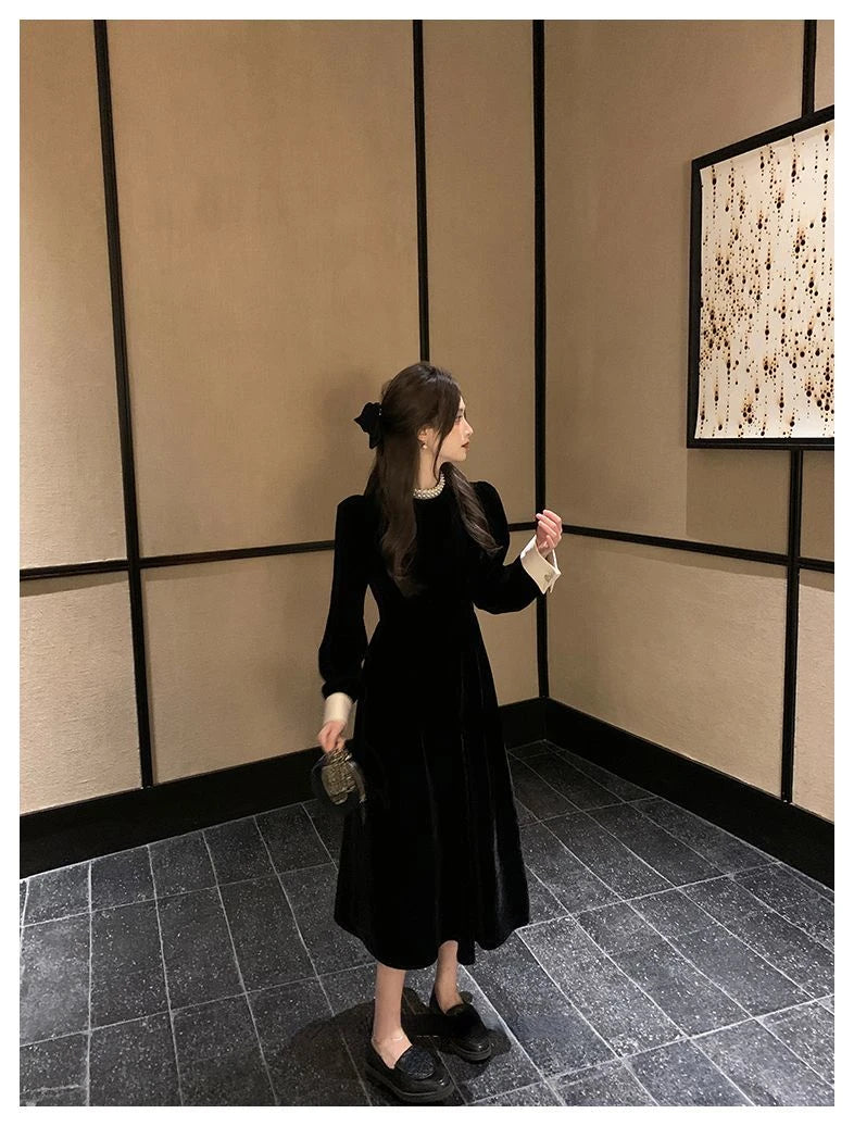 2024 Sweet Woman Party Dresses Korean Vintage Velvet Black Dress Patchwork Robe Elegant Clothes All Match Pearl Vestidos Mujer - Seprincess