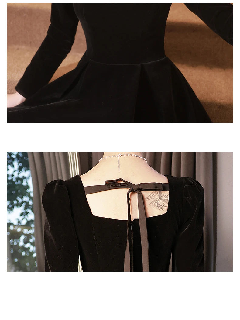 Autumn Winter Black Evening Dress Women Elegant  Luxury Velvet Long Sleeve A-line Party Dresses French Beadding Prom Gown - Seprincess