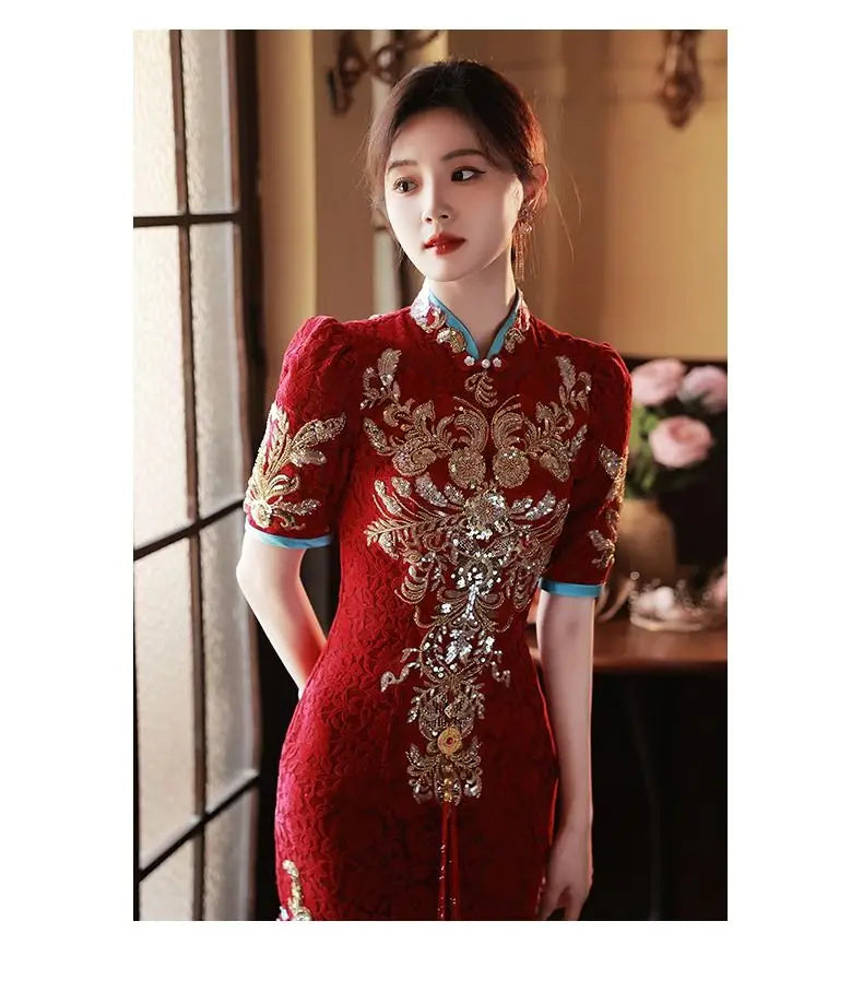 Toast Bride Wedding Dress Luxury Sequin Qipao Long Chinese Women Traditional Vintage Cheongsam Dresses Evening Gown China - Seprincess