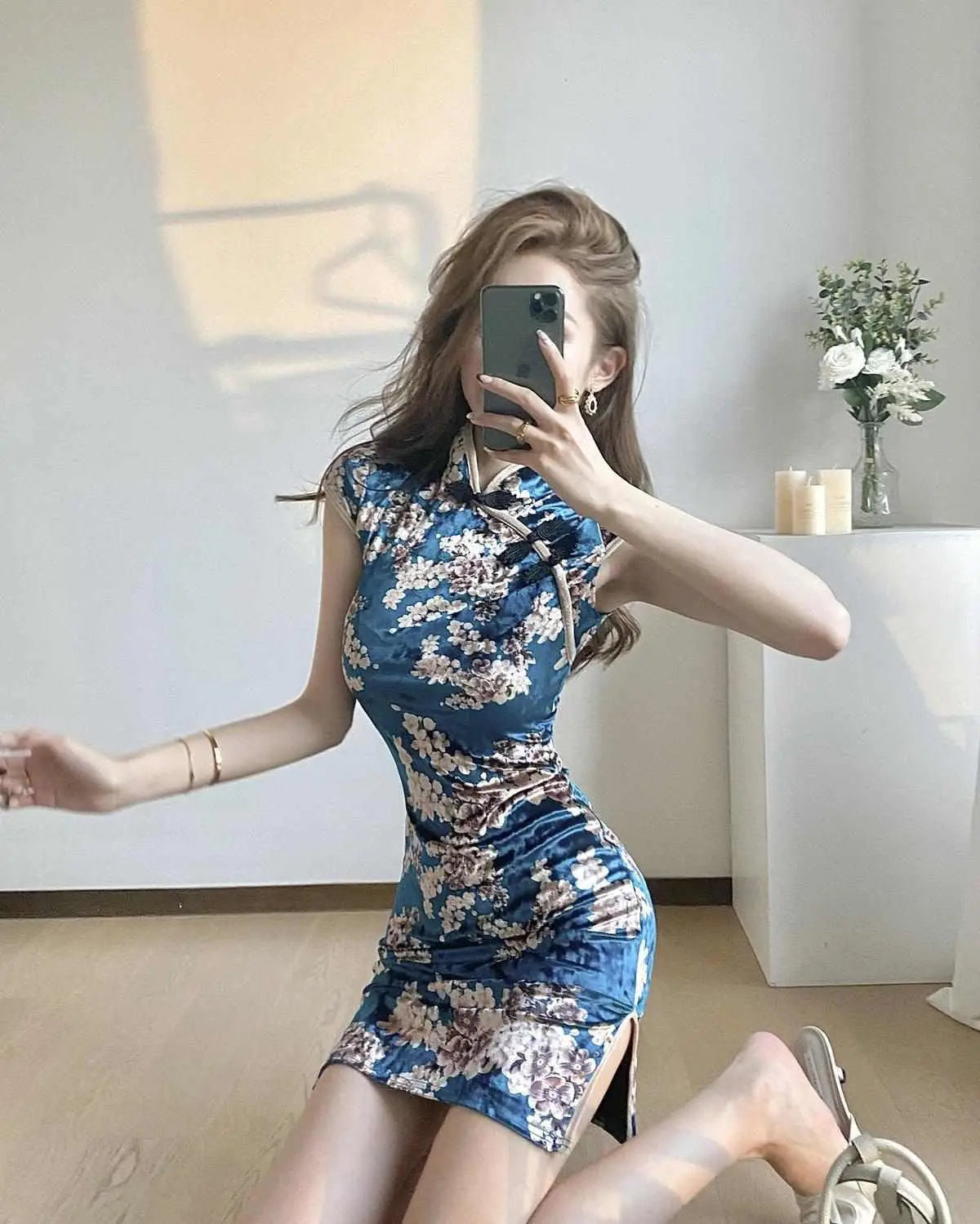 Chinese Dress Pink Sexy Qipao Dresses Cheongsam Dress Velvet Retro Printed Cheongsams Mini Qipao China Dress Robe Chinoise - Seprincess