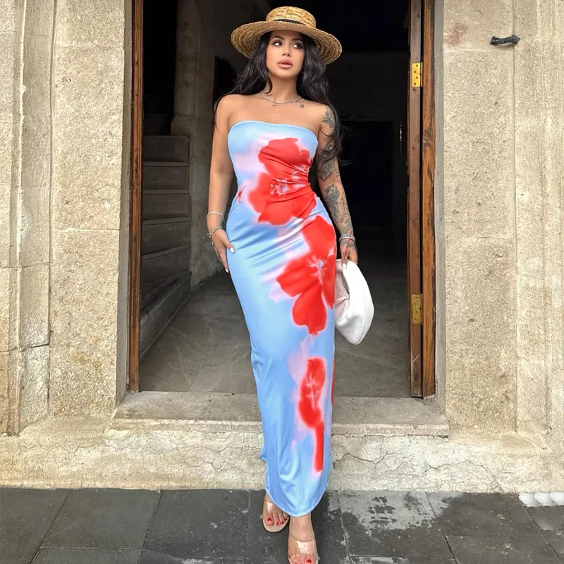 Sexy Strapless Print Tube Maxi Dress Women Off Shoulder Backless Stretch Long Sundress 2024 Summer New Beach Y2K Clothes - Seprincess