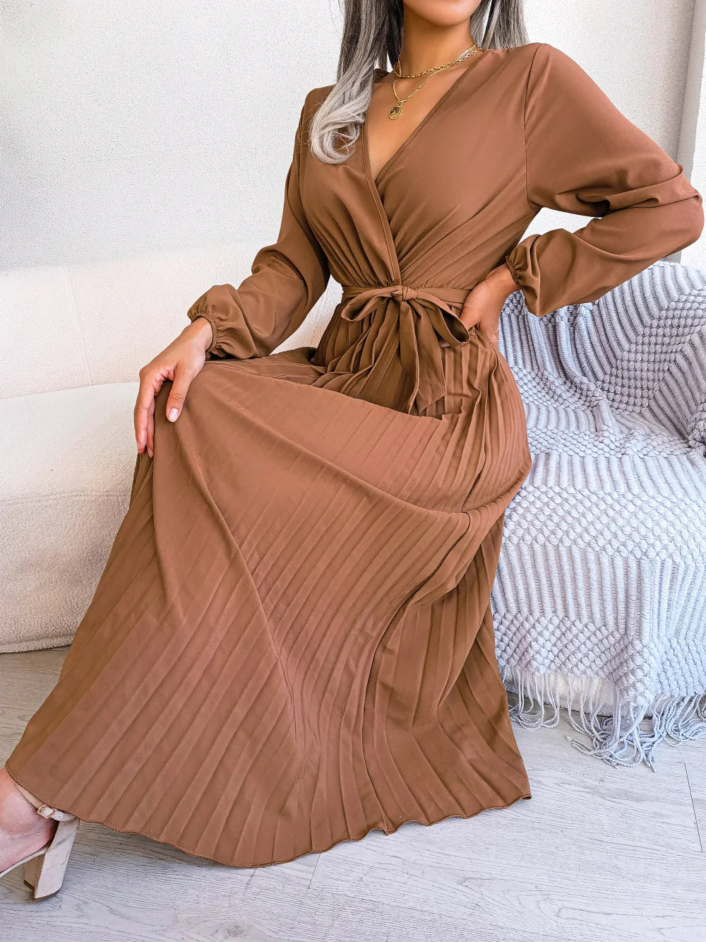 Women Elegant V Neck Long Sleeve Pleated Maxi Dress - Seprincess