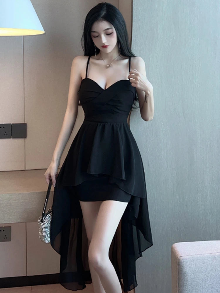 Onalippa Sexy Low-cut Strap Dress Early Spring New Temperament Feminine Irregular Waist Thin Solid Color Big Dresses Female - Seprincess