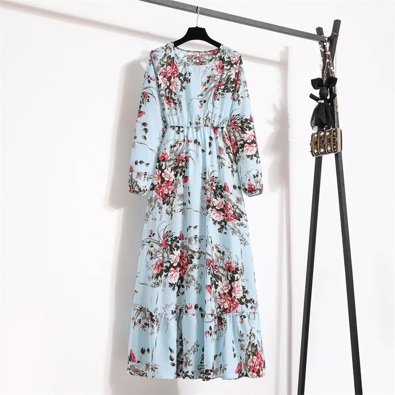 Women Floral Printed Maxi Dresses Spring Summer Casual O Neck Full Sleeve High Waist A Line Boho Beach Party Long Dress Vestidos - Seprincess