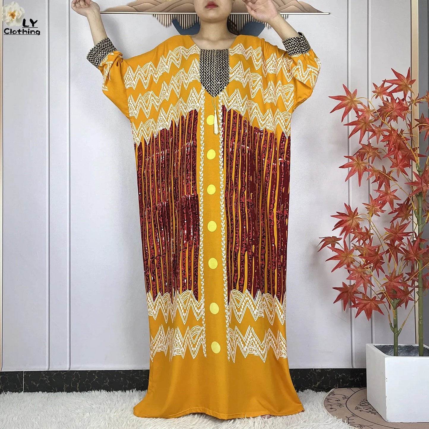 2024New Dubai Party Dress Muslim Femme Long Sleeves Printing Sequins Loose Boubou Maxi Islam Women Cotton African Abaya Clothing - Seprincess