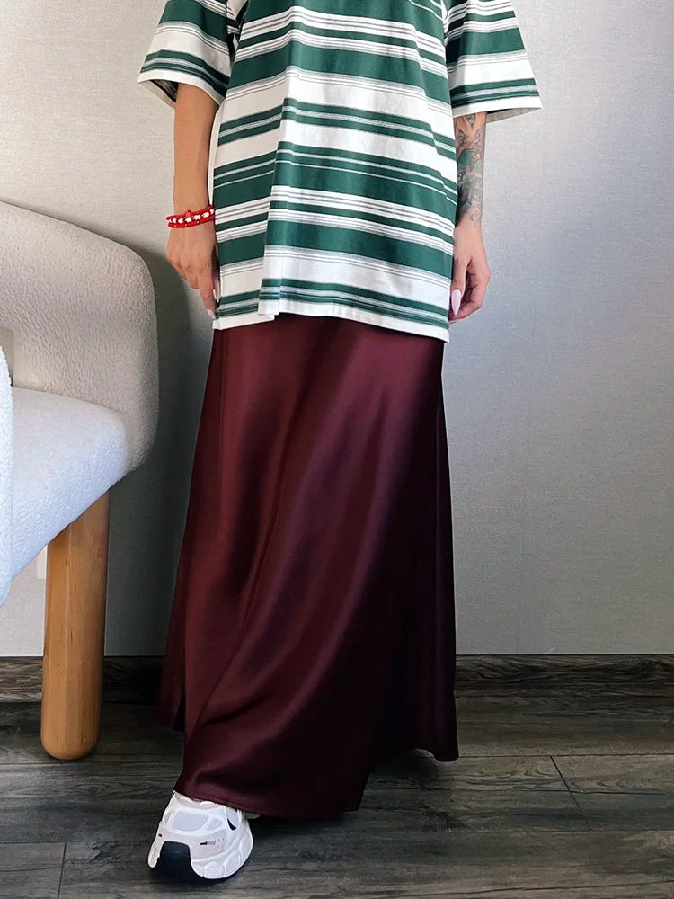 Long Black Satin Skirts For Women 2024 Autumn Winter Maxi Brown Burgundy Skirts Ladies Green Lace Up Women Satin Silk Skirt