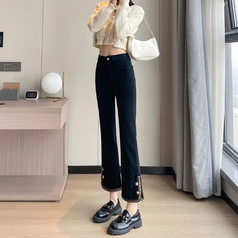 Winter Fashion Luxury Women's Clothing Slim Pants Elastic Force Solid Color Panelled Button Slit Straight Tube Cropped Trousers