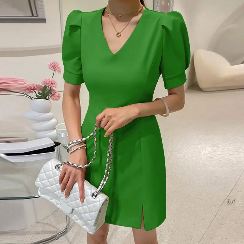 VONDA Elegant Women Mini Dress Fashion Short Sleeve V-Neck Party Sundress 2024 Summer Zipper Solid Color Casual Short Vestidos - Seprincess