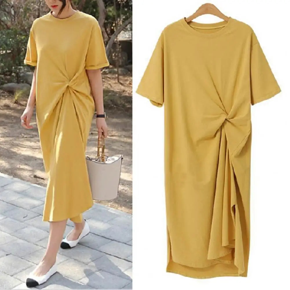 Women Summer Midi Dress Elegant Round Neck Dress Elegant Women's Summer Midi Long Dresses with O-neck Ruched Design for Casual - Seprincess