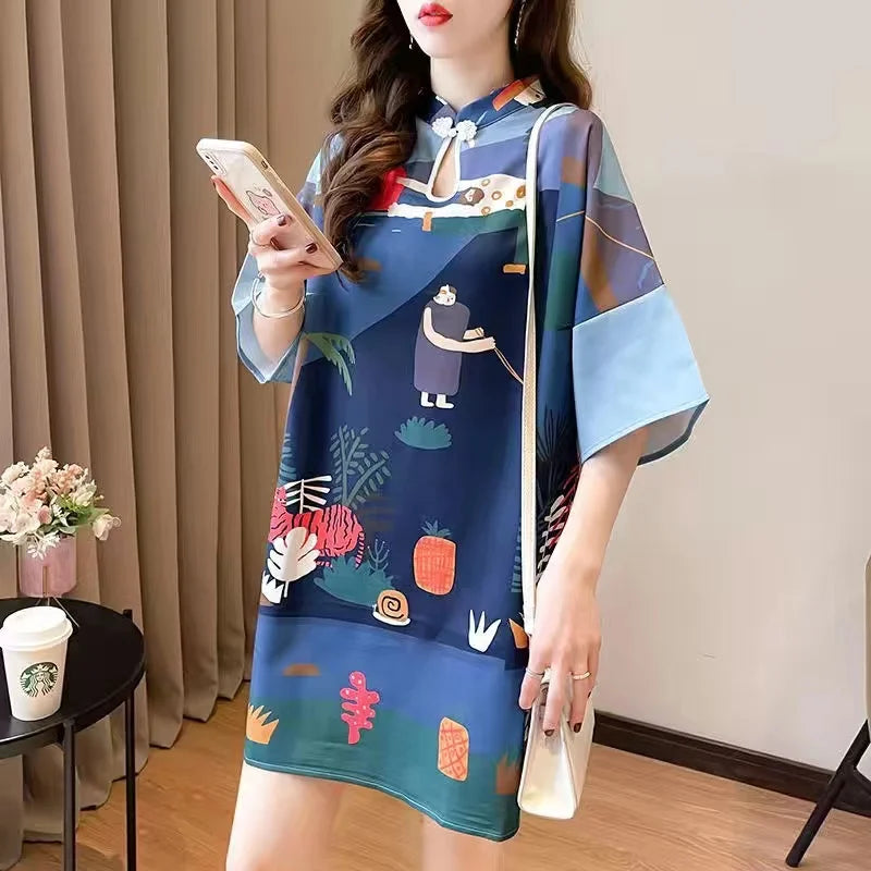 Chinese Fashion Print Dress Women Summer Long Sleeve National Style Cheongsam 2022 Modern Improve Vintage Elegant Loose Qipao - Seprincess