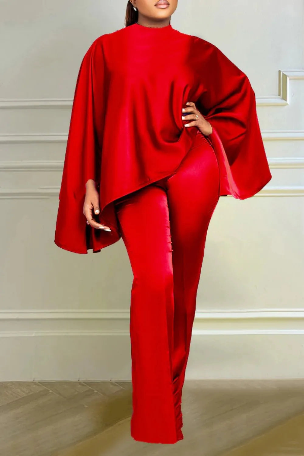 Casual Two Piece Set Women Satin Outfits Loose Batwing Sleeve Wide Leg Pants Winter Spring Elegant 2 Piece Set for Women - Seprincess