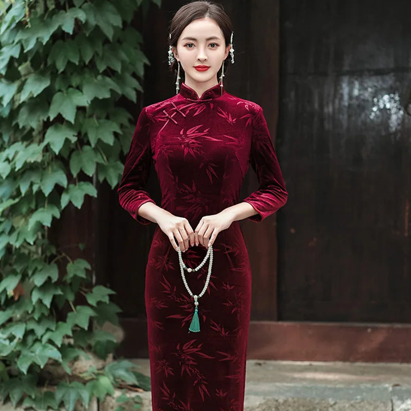 Plus Size Velvet Long Qipao Autumn Winter Female Chinese Dress Traditional Vintgae Mandarin Collar Cheongsam Sexy Slim Vestidos - Seprincess