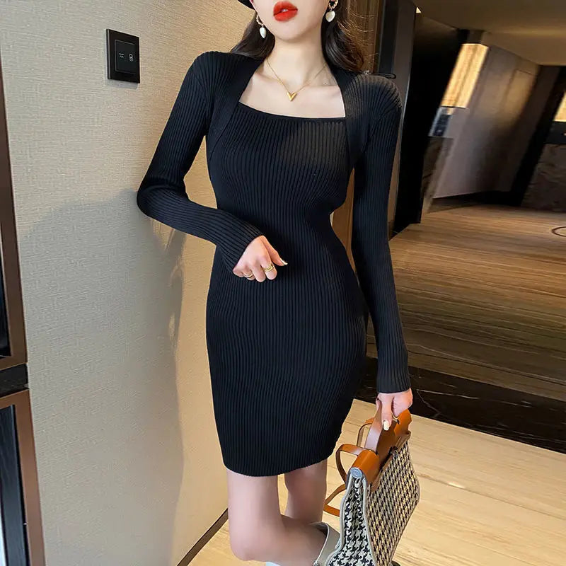 For Fall and Winter Bodycon Bandage Female Knit Evening Dresses White Korean Fashion Black Wrap Woman Knitted Sweater Dress Sexy - Seprincess