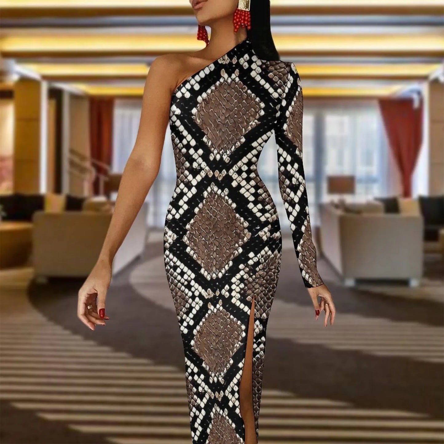 Vintage Snake Skin Brown Bodycon Dress Woman  Kawaii Maxi Dress Long Sleeve Party Custom Dresses Birthday Gift - Seprincess