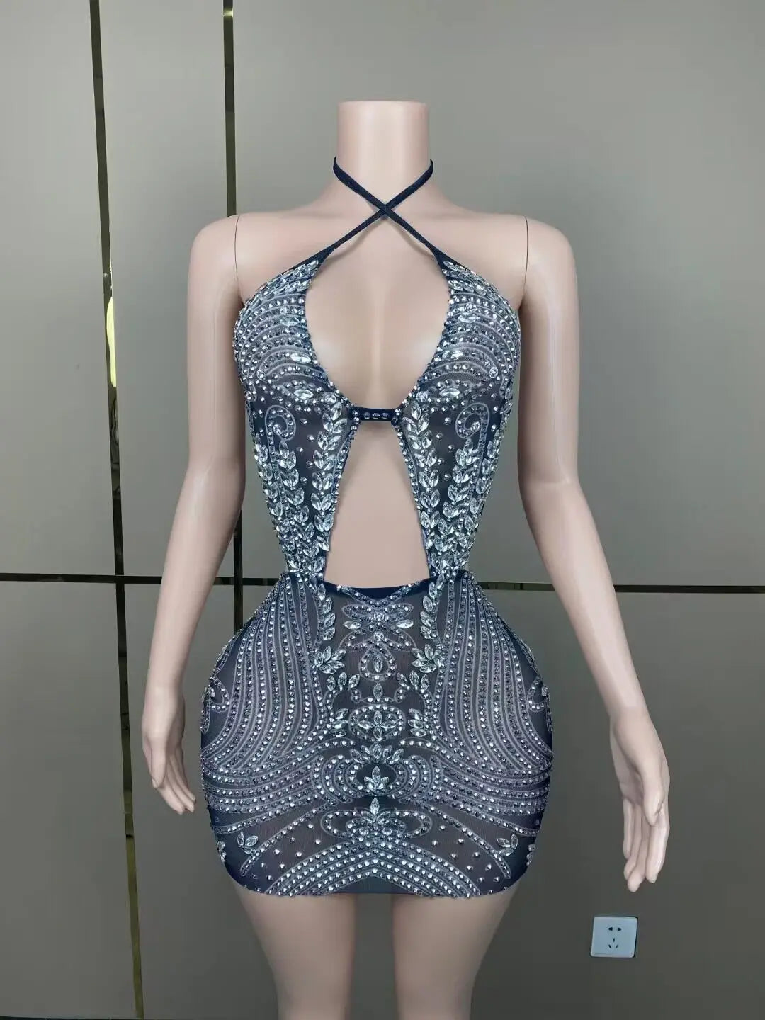 Customized Women Sexy Halter Big Crystal Bodycon Mini Dress Mesh Sexy Backless Nightclub Party Celebrate Dress Wholesale - Seprincess