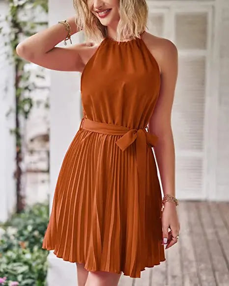 2023 Summer Short Pleated Dress Women Halter Dress Ladies Sleeveless A Line Party Dress For Women - Seprincess