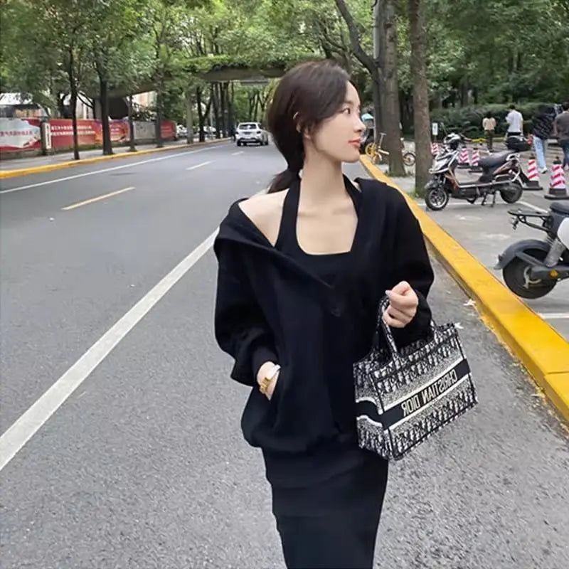 Spring Autumn Korean Version Solid Color V-neck Loose Hooded Coat New Slim Sexy Vest Casual Sweet Two Piece Women Clothing - Seprincess