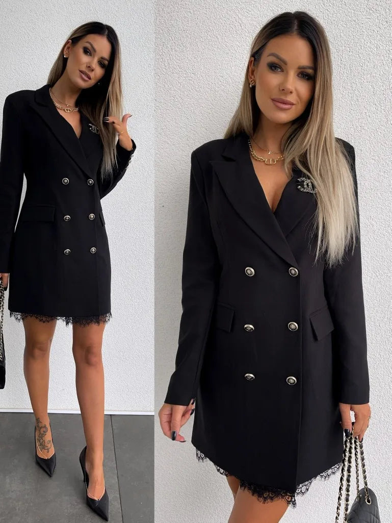 Office Lady Blazer Suit Dress Fashion Wrap V Neck Turndown Collar Sexy Mini Dress Women Long Sleeve Solid Blazer Party Dress - Seprincess