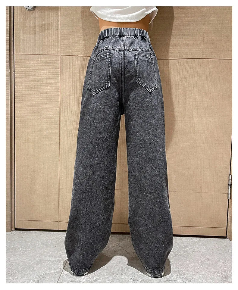 Young Girls Jeans 2024 New Fashion Jeans Wide Leg Pants Autumn Winter  Fleece Thick Warm High Waist Baby Hot Sale Casual Trouser