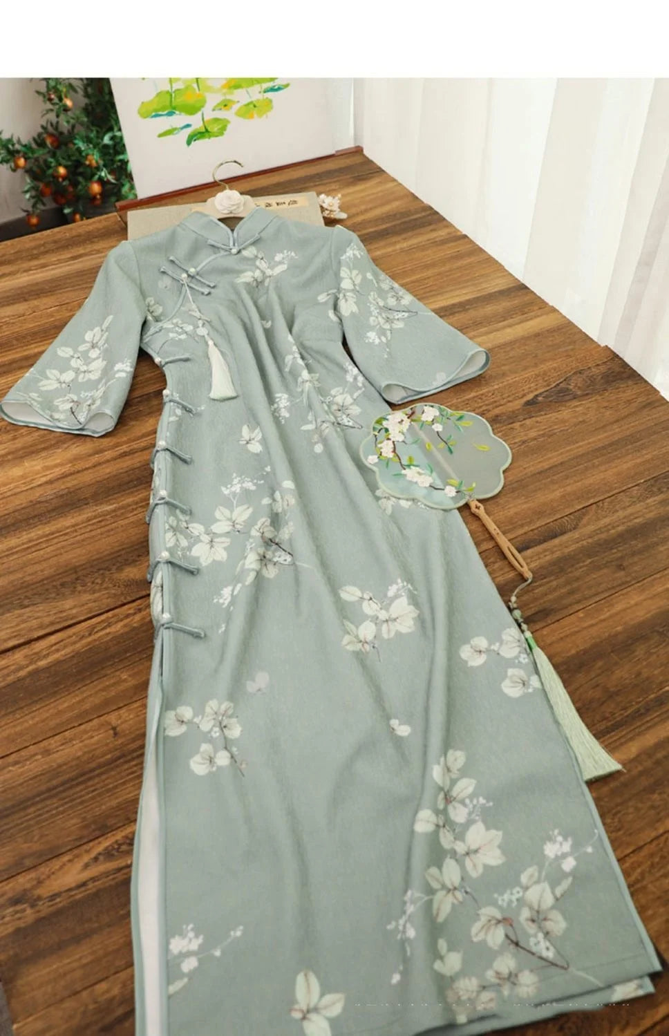 Inverted Sleeves Daily Green Flower Slim Qipao Women's Autumn Improved Modern Vintage Chinese-traditional-dress Cheongsam New - Seprincess