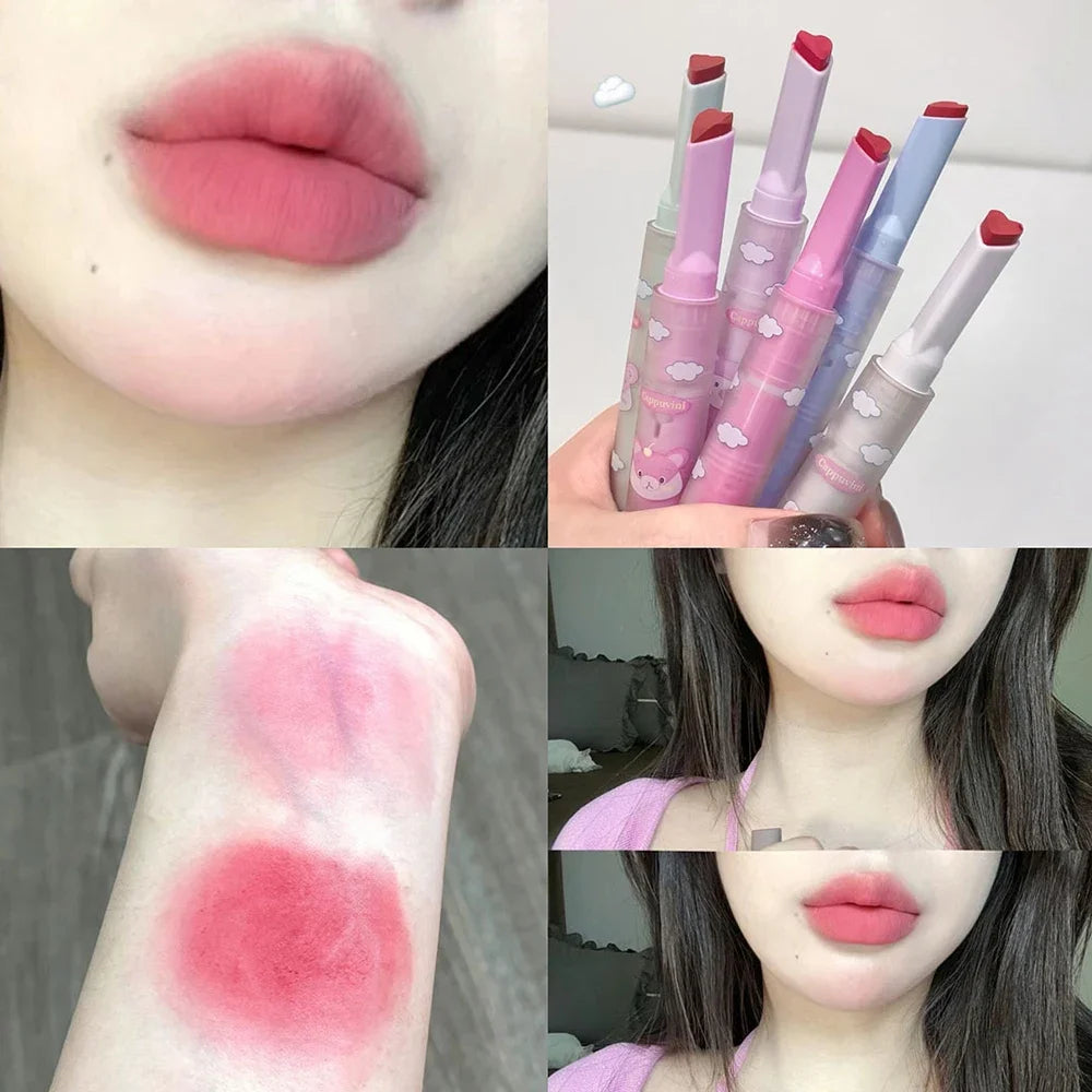 6 Color Sexy Velvet Matte Lipstick Pen Color Rendering Lasting Non-stick Cup Heart-shaped Solid Lip Gloss Korean Makeup Cosmetic - Seprincess