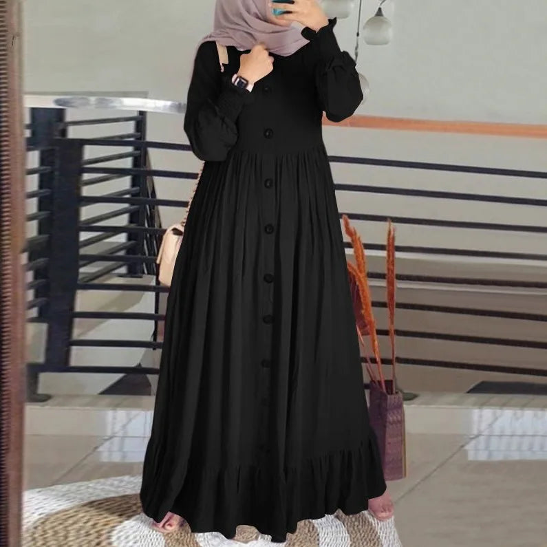 2024 New Islam Abaya Dress Cotton and Hemp Art Retro Casual Robe Femme Muselmane Loose Round Neck Ruffled Women's Dress - Seprincess