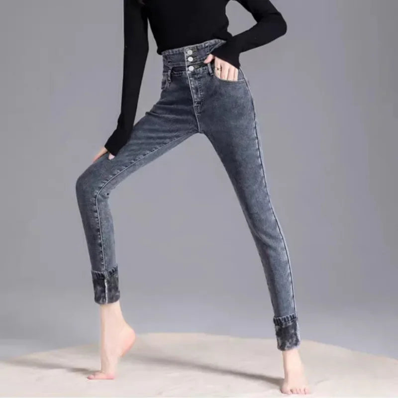 2024 Autumn/Winter New Solid Color Slim Fit Women's Jeans High Waist Buttoned Wool Lined And Thickened Pencil Leggings