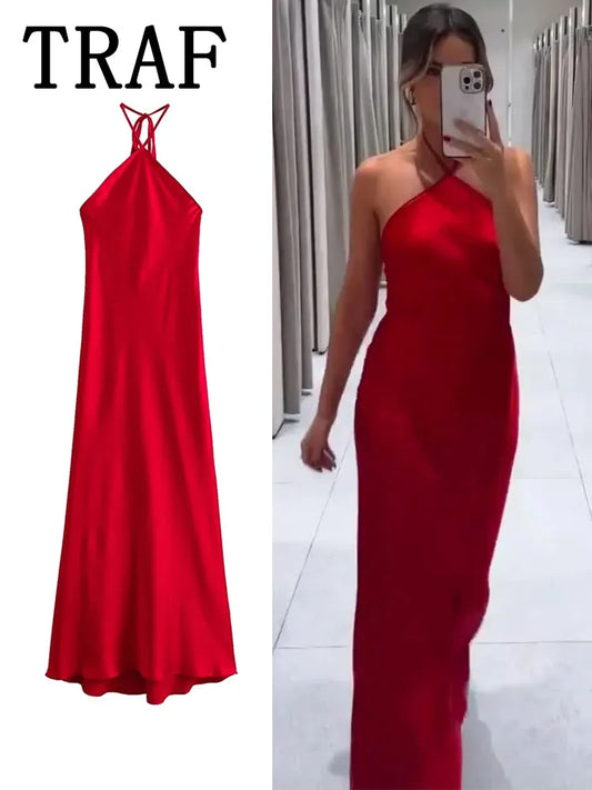 TRAF 2024 Halter Long Dresses for Women Backless Satin Dress Woman Off Shoulder Sexy Midi Dresses Elegant Evening Party Dress - Seprincess