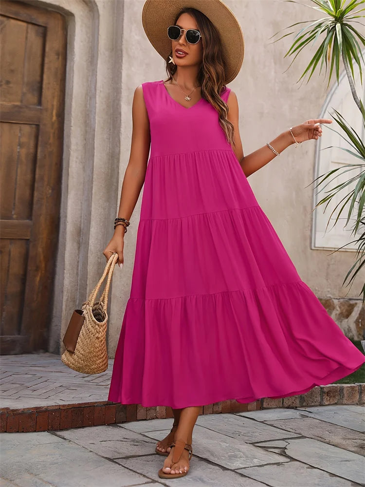 Y.KUKU 2024 Women Dress Summer Casual Brand Vacation Holiday Beach Long Dresses V-neck Loose Elegant Yellow Dress Femme - Seprincess