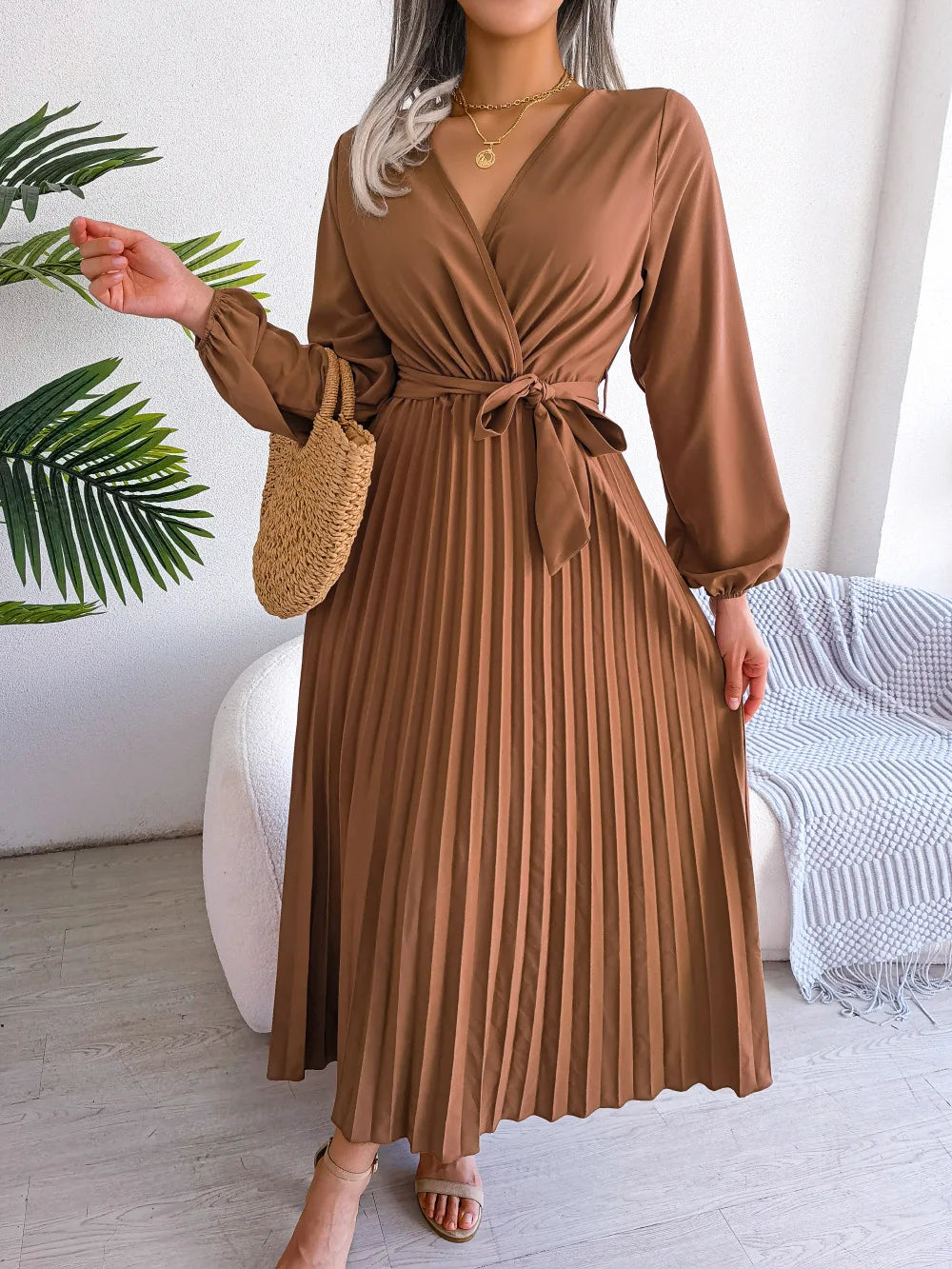 Women Elegant V Neck Long Sleeve Pleated Maxi Dress - Seprincess