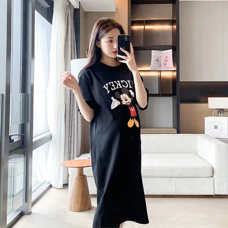 Disney Dongdaemun Maternity Dress Short Sleeve T-shirt Skirt 2022 Summer Cartoon Mickey Printed Summer Dress Fashion - Seprincess