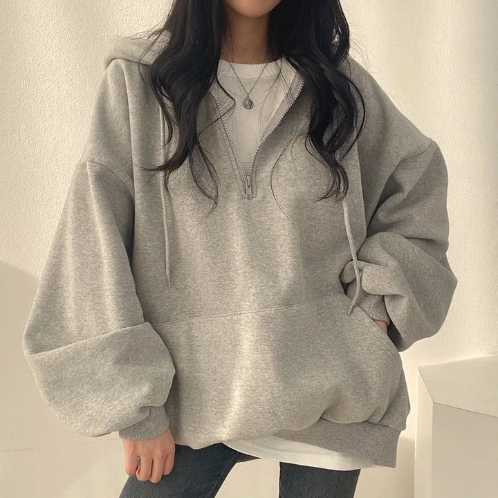 Women Hoodie Harajuku Loose Oversized Solid Color Top Half Zip Up Sweatshirt Female Casual Long Sleeve Pocket Hooded Coats 2024 - Seprincess