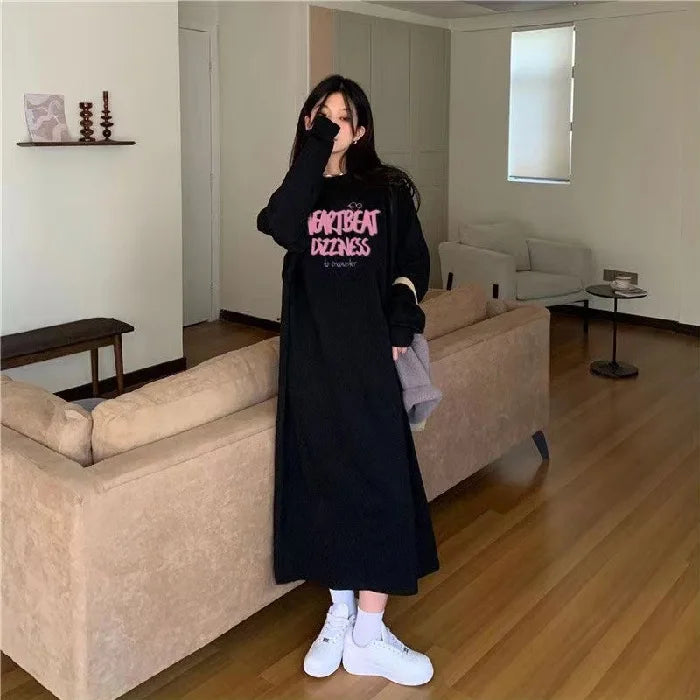 Simple Long Dresses Lazy Style Drawstring Regular Sleeve Slit Velvet Hoodie Dress Autumn Winter Suitable Daily Street Wear - Seprincess