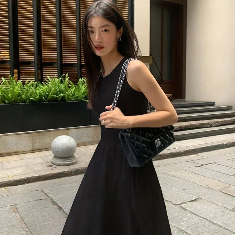 TKNOLEGE New Summer Casual Korean Sleeveless Dresses  Solid Color O-neck Women High Waist Temperament Female Long  Dress - Seprincess