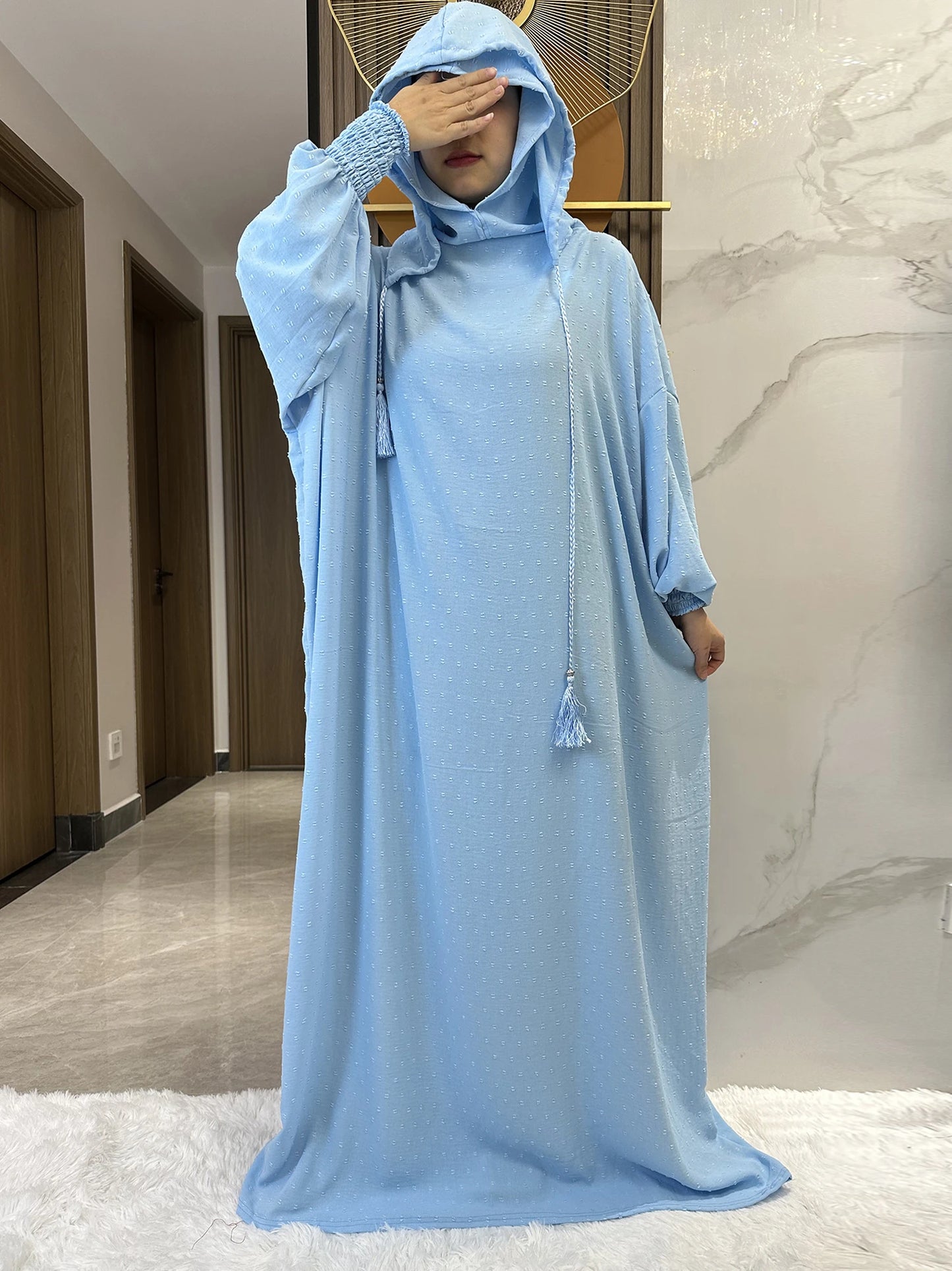 New Ramadan Muslim Two Hats Abaya Dubai Turkey Islam Prayer Clothes Solid Cotton Fabric Dresses Islam Women Dress Kaftan