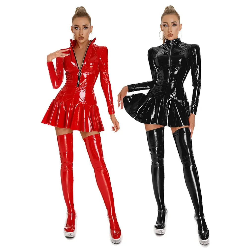 Women's Wet PVC Leather Tight Bodycon Mini Dress Latex Hollow Zipper Stand Up Collar A-Line Mini Pleated Skirt Latex Dresses - Seprincess