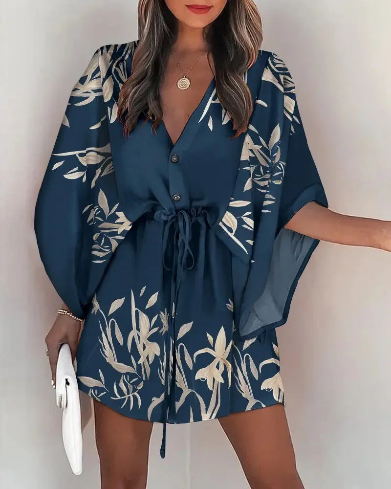 Summer Casual Dress Women Fashion Flying Sleeve V-neck Print Beach Party Dresses Elegant Lace Up Mini Dress Robe Femme 2023 New - Seprincess