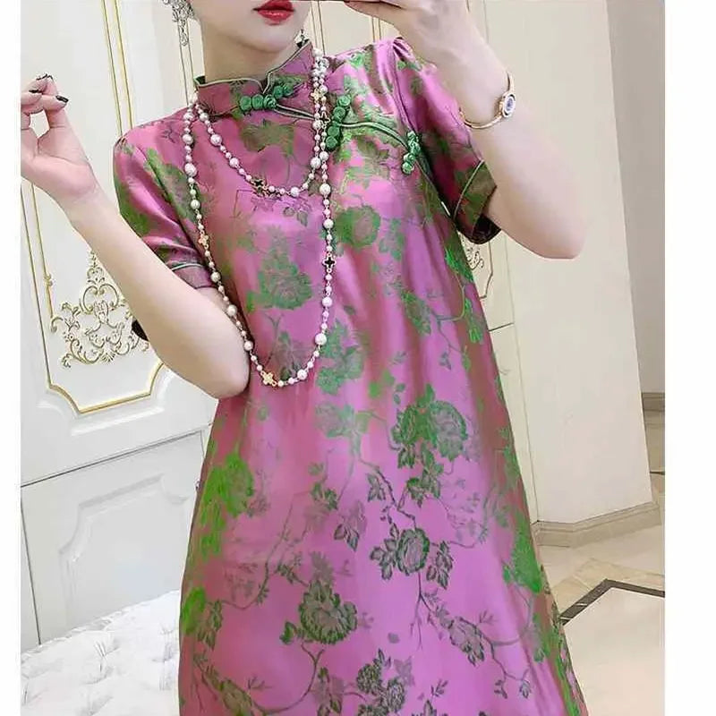 2023 New Improved Flower Printed Chinese Qipao Dress Spring Summer Short Sleeve Stand Collar Women Retro Fashion Cheongsam - Seprincess