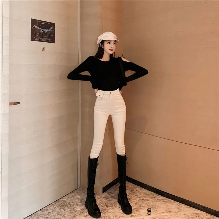 Jeans Women Spring 2023 Fashion Beige High Waist Leggings Skinny Label Pencil Pants Boots Pants