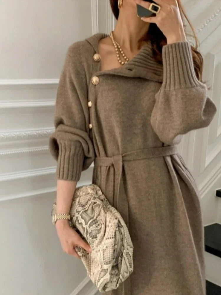 Women Dress Full Sleeve Button Irregular Long Dresses Turtleneck Party Slim Fit Lace Up Tight High Waist Elegant Vestidos - Seprincess