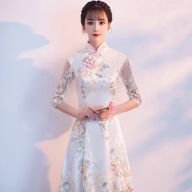 Champagne Sweet Elegant Bridesmaid Dress Women Temperament Formal Party Gown Exquisite Floral Embroidery Novelty Cheongsam - Seprincess