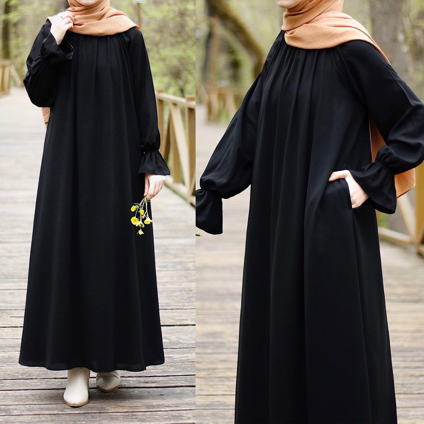 Fashion Chiffon Muslim Abaya Autumn Long Sleeve Wear With Pockets Femme Dress Islamic Clothing For Women Kaftans Solid