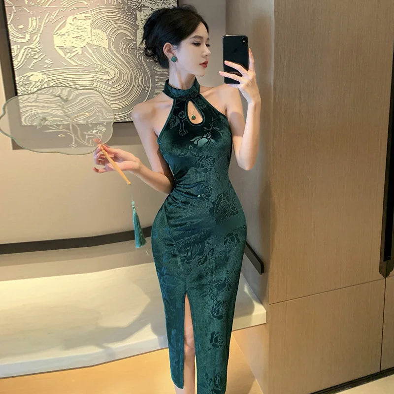 Vintage Green Print Cheongsam New Chinese Style Velvet Dress Sexy Split Vestidos Lady Autumn Dresses Hollow Out Qipao Vestidos - Seprincess