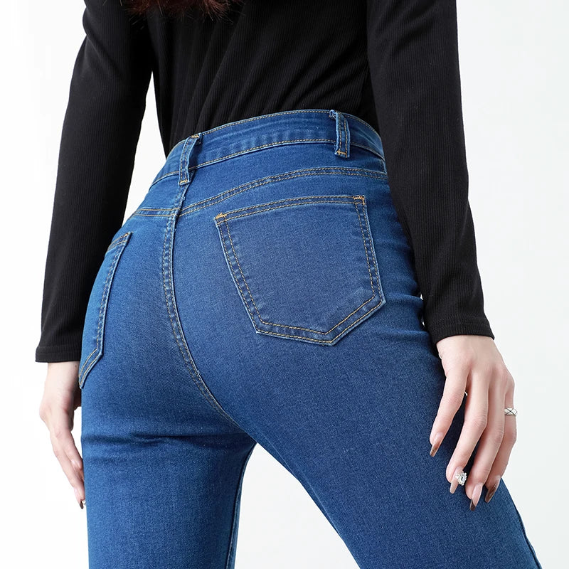 New Sexy Women Light Blue Slim Skinny Denim Jeans High Waist Elastic Mom Jeans Stretch Pencil Pants Streetwear Tight Trousers