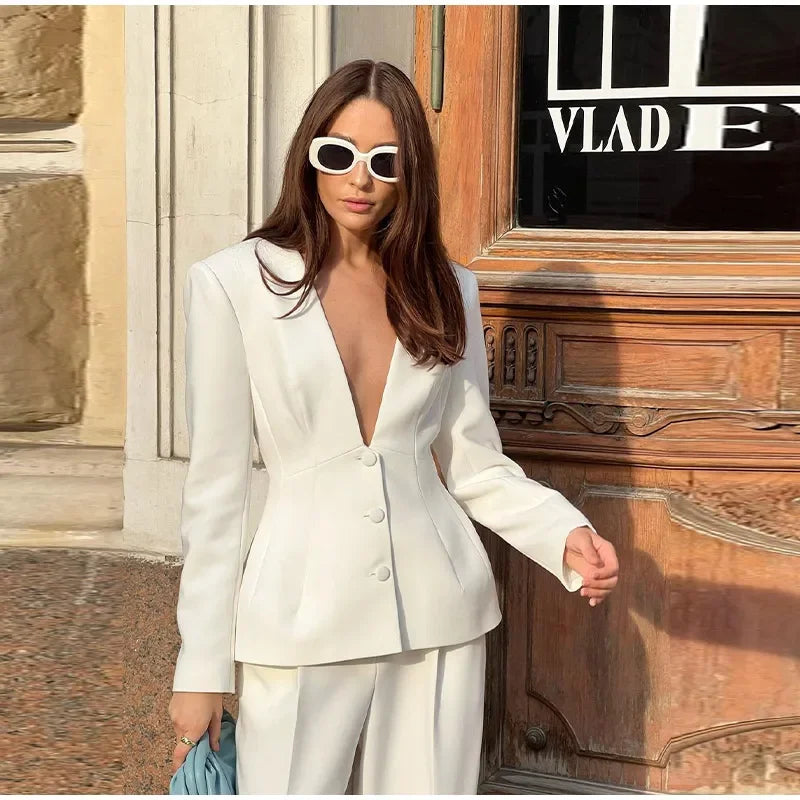 Women White 2 Pieces Set Deep V-neck Single Breasted Blazer Coat High Waist Pants Female Chic 2024 Autumn Office Lady Outfits - Seprincess