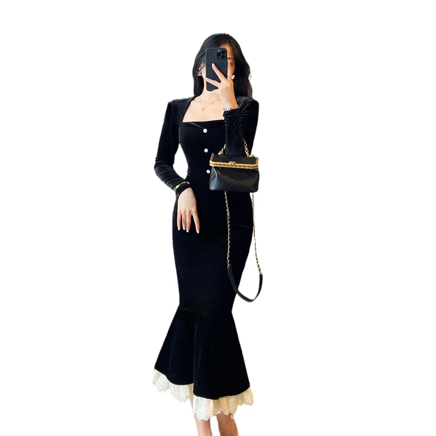 Elegant French Haban Style Fish Tail Skirt Spring Autumn Soft High Class Square Collar Long Sleeve Black Velvet Long Dress - Seprincess