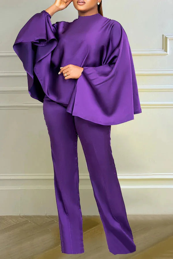 Casual Two Piece Set Women Satin Outfits Loose Batwing Sleeve Wide Leg Pants Winter Spring Elegant 2 Piece Set for Women - Seprincess