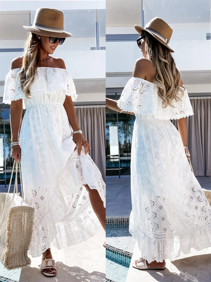 Elegant White Long Lace Dress Woman Off Shoulder Uncovered Short Sleeves Dress 2024 Summer Casual Boho Cover-ups Beachwear - Seprincess