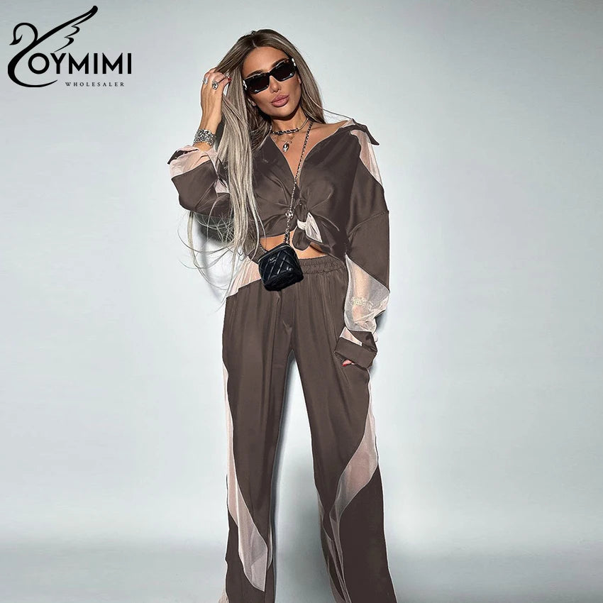 Oymimi Fashion Black Satin Patchwork 2 Piece Set Women Outfit Streetwear Long Sleeve Shirt With High Waist Pant Sets Y2k Clothes - Seprincess