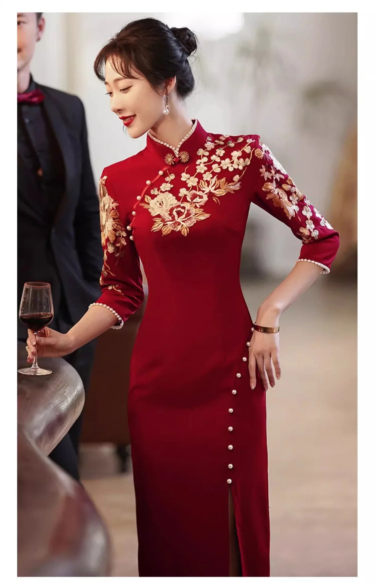 Burgundy Wedding Cheongsam Engagement Dress New Chinese Qipao Toast Clothes Retro Mandarin Collar Improved Sexy Slit Slim Dress - Seprincess